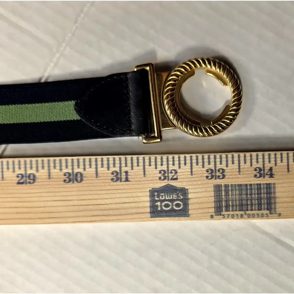 Talbots VTG Crest Buckle Elastic Stretch Belt Navy Green Stripe Medium Preppy